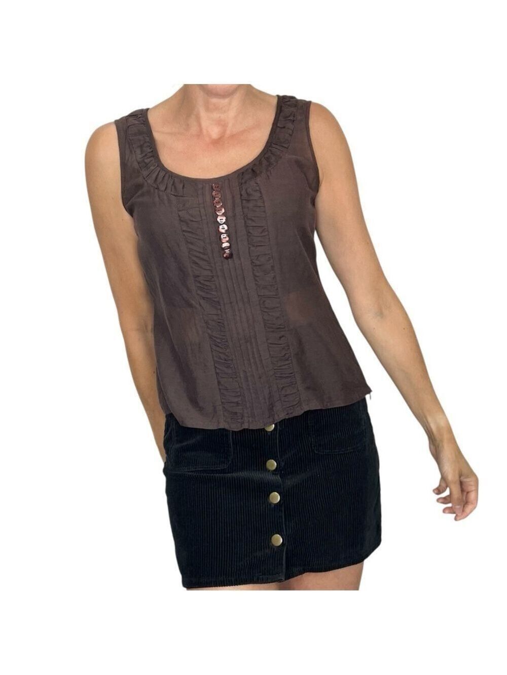Dark brown gauzy lightweight pin tucked sleeveless old money minimalist top XS